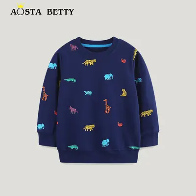 Kids Cartoon Animal Print Cotton Sweater Navy Blue