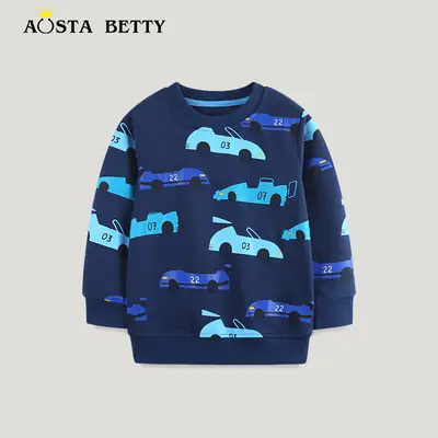 Kids Car Print Cotton Sweater Autumn Blue