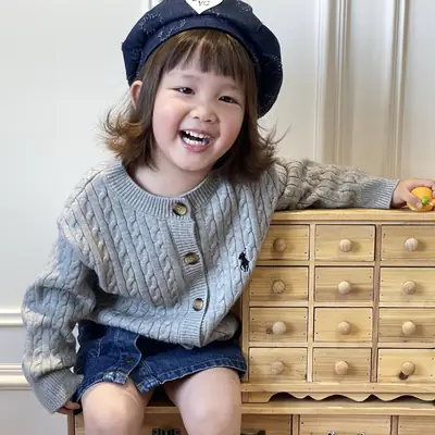 Kids Embroidered Knitted Cardigan Gray Winter Sweater
