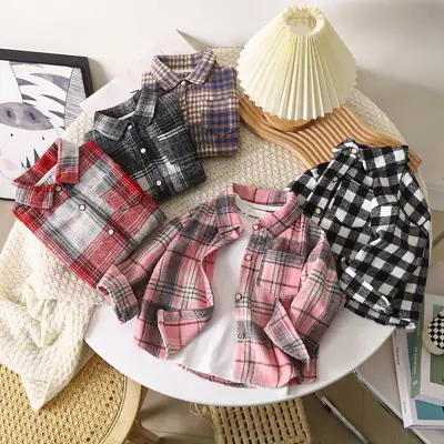 Autumn Plaid Kids Shirts Long Sleeve Retro Checkered