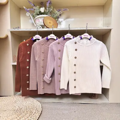 Girls Long Sleeve Button Sweater Casual White