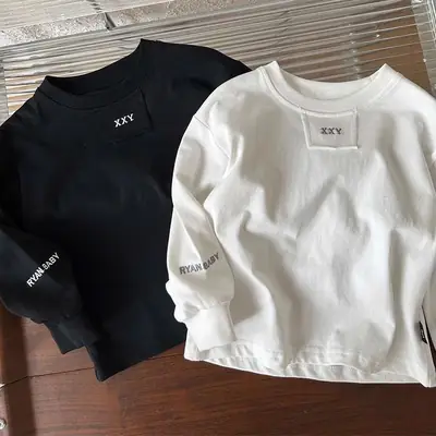 Children Long Sleeve T-Shirt Black White Loose Fit Autumn Spring