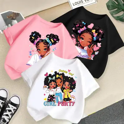 Girls Printed Summer T-Shirt Casual White Black Pink Kids Wear thumbnail 1
