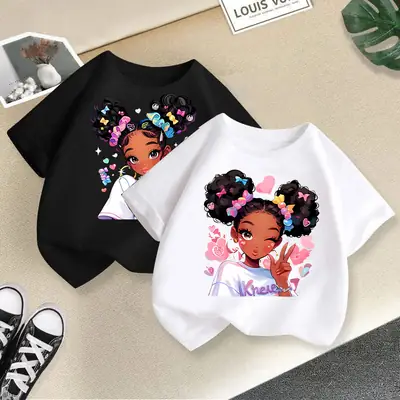 Girls Printed Summer T-Shirt Casual White Black Pink Kids Wear thumbnail 2
