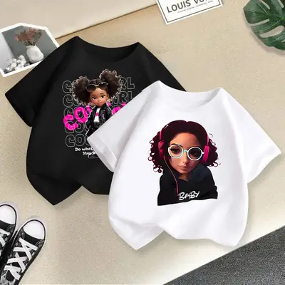 Girls' Graphic Loose T-Shirt Summer Casual White Pink Black thumbnail 2