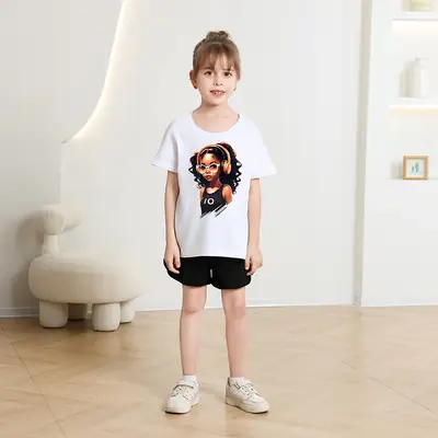 Girls' Graphic Loose T-Shirt Summer Casual White Pink Black thumbnail 4