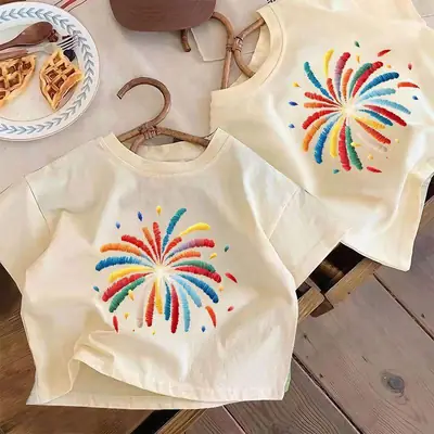 Children's Cotton Fireworks T-Shirt White Summer