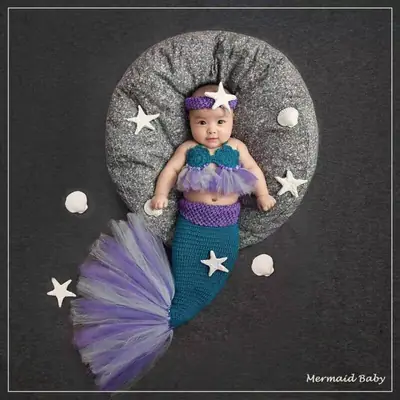 Newborn Mermaid Photo Costume Set Purple Blue