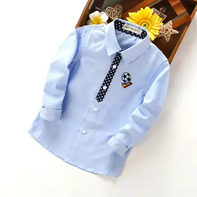 Blue Long Sleeve Boys Shirt Football Design Cotton Blend