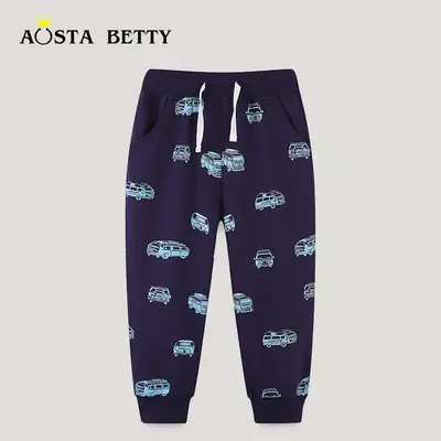 Kids Printed Car Pants Dark Blue Cotton for Boys
