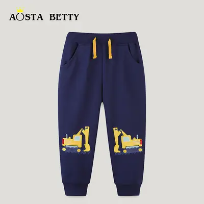 Boys Cotton Jogger Pants Navy Blue Cartoon Embroidery