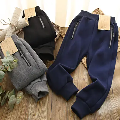 Boys Velvet Zipper Pants Dark Gray Navy Slim Fit