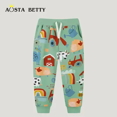 Kids Farm Print Pants Mint Green Elastic Waist