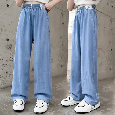 Wide Leg Denim Jeans for Girls Blue Summer Casual