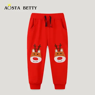 Red Kids Sweatpants with Reindeer Embroidery Cotton