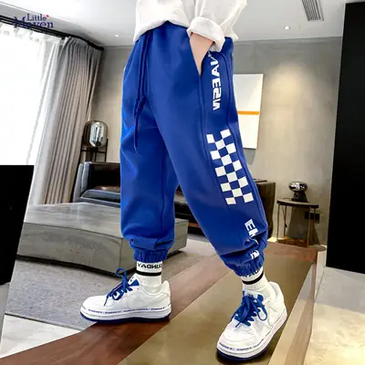 Blue Velvet Kids Trousers with Checkered Design