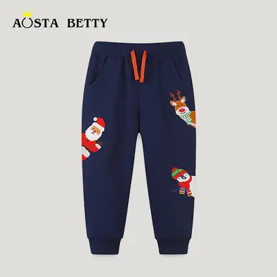 Kids Christmas Pants Navy Blue with Santa & Reindeer Embroidery