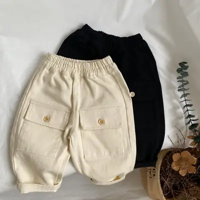 Kids Cargo Pants Beige Black Cotton Washable Flap Pockets