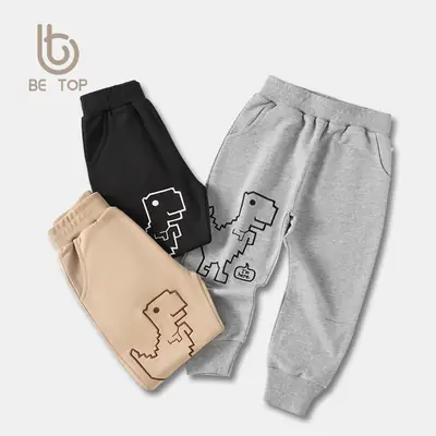 Dinosaur Print Kids Pants Gray Black Beige Spring Wear