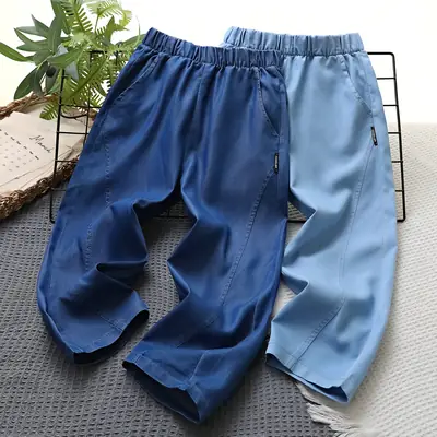 Kids Tencel Pants Blue Elastic Waist Summer Wear