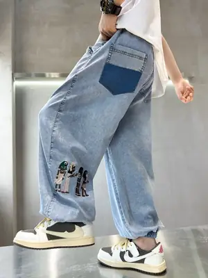 Kids Denim Pants Blue Embroidered Loose Fit Summer Wear