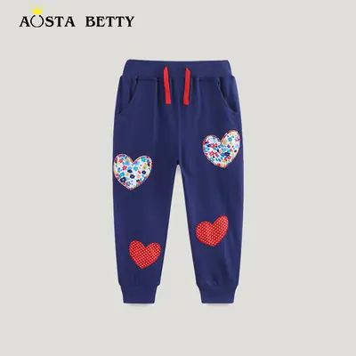 Girls Cotton Heart Embroidered Trousers Navy Blue