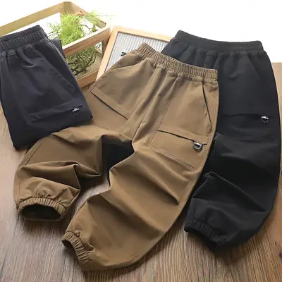 Men Woven Sports Pants Black Brown Elastic Waist