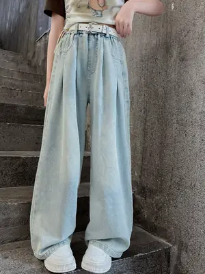 Wide Leg Jeans for Kids Light Blue Cotton Autumn Wear