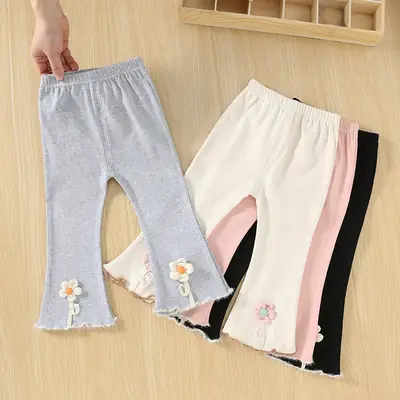 Flared Pants for Kids Spring Autumn Embroidered Flower
