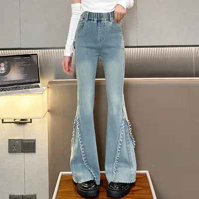 Light Blue Bell-Flare Jeans for Girls with Raw Edge Detail