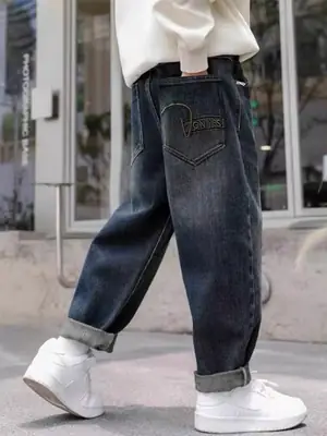 Boys Fleece Lined Jeans Dark Blue Jogger Cut