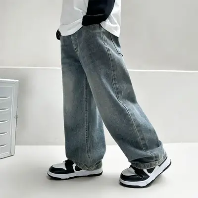 Wide Leg Denim Jeans for Kids Solid Blue Pakistan