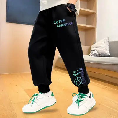 Black Velvet Sweatpants for Kids with CUTE@KINGBEAR Print