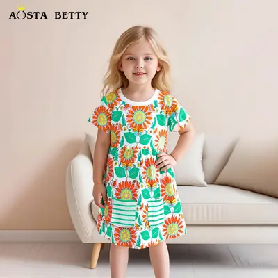 Girls Sunflower Print Summer Dress Bright Cheerful