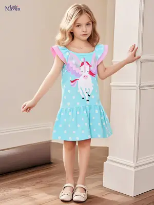 Kids Unicorn Dress Blue Cotton Summer Wear
