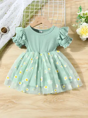 Light Green Daisy Print Tulle Dress for Girls 3-6M