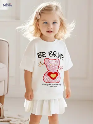 Girls Cotton Bear Print Summer Dress White