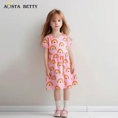 Pink Rainbow Print Girls Dress for Summer Pakistan