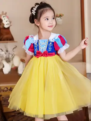Snow White Princess Dress Yellow Tulle Skirt Blue Bow