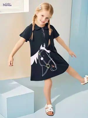 Kids Polo Dress Black Horse Print Summer Wear