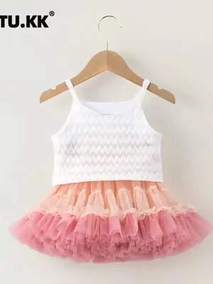 Girls Gradient Tulle Dress Peach Pink Summer Wear