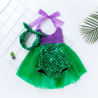 Baby Mermaid Dress Green Purple Scale Headband