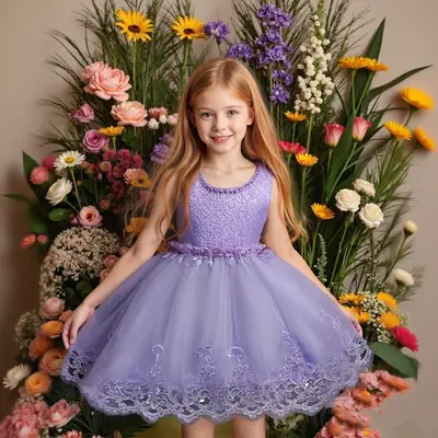Ladies Tulle Dress Lavender Lace Embroidered for Kids