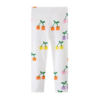 Kids Cherry Print Leggings White Elastic Waist