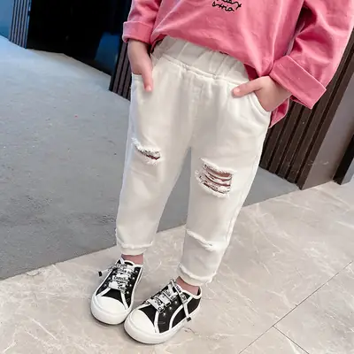White Ripped Casual Pants for Kids Spring Wear