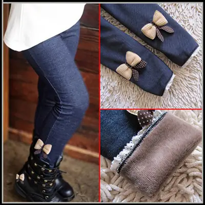 Fleece Lined Bow Leggings for Kids Blue
