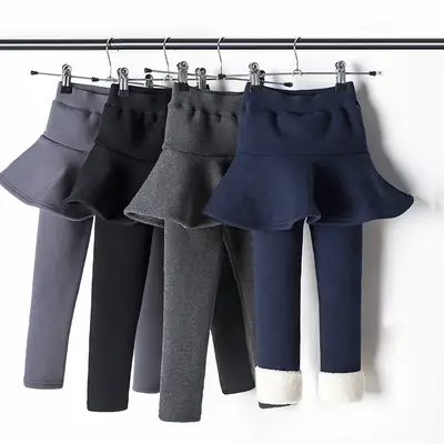 Kids Fleece Lined Flared Skirt Leggings Solid Colors
