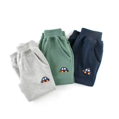 Kids Cotton Car Embroidered Pants Grey Green Navy