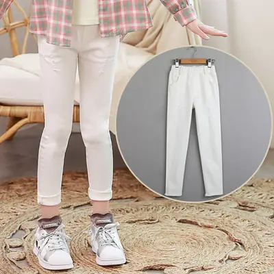 White Stretch Pants for Girls Korean Cut Elastic Waist