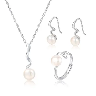 Pearl Necklace Earrings Ring Set Silver 925